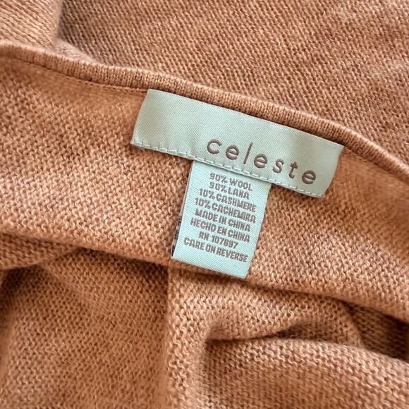 Celeste Wool Cashmere Blend Poncho Wrap Tan Brown Ribbed Trim One Size RN 107687 - Picture 3 of 4